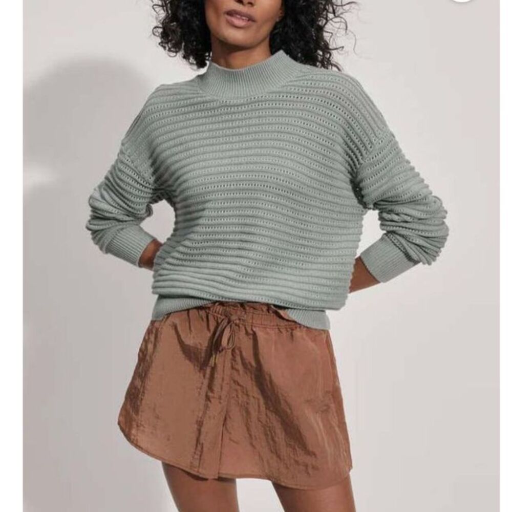 Varley Franco Knit Crew Sweater Sage Green Open Knit Mock Neck Small